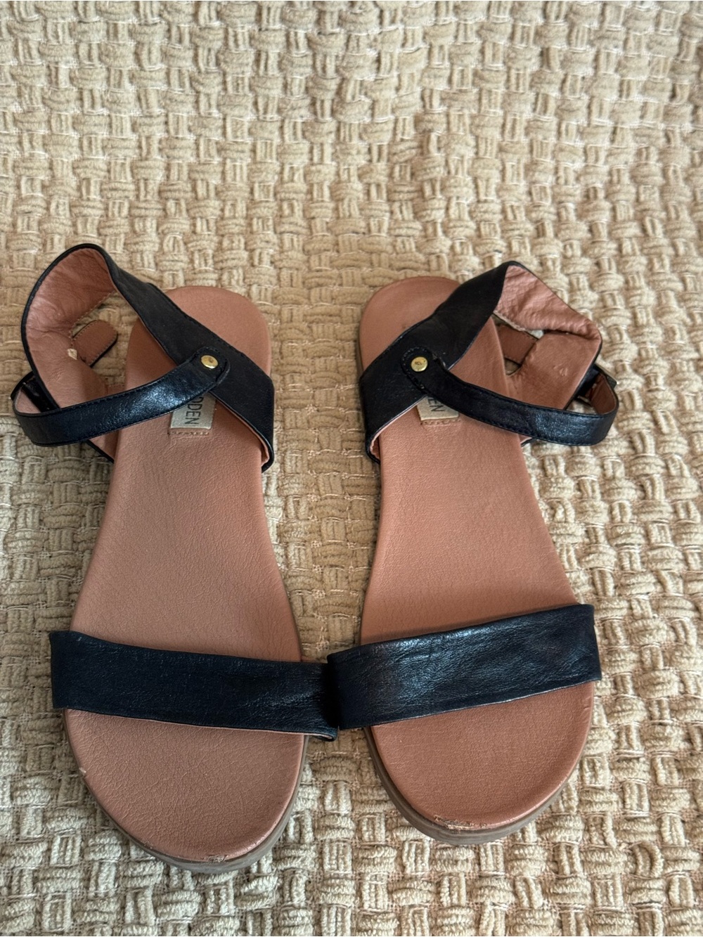 Steve Madden Black Strap Sandals with Tan Footbed